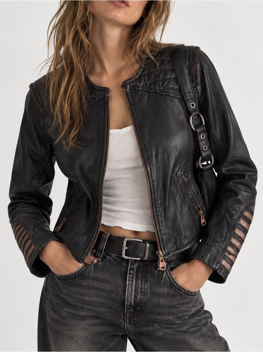 DOMA Leather jacket coat Moto Biker full zip solid black small motorcycle goth S